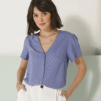 Dámská halenka Košilová halenka s výšivkou a krátkými rukávy modrošedá 40