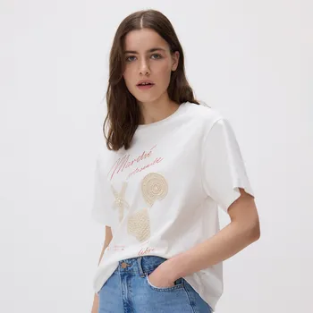 Dámské tričko Reserved - Tričko s háčkovanou aplikací - tělová - WU148-02X - WU148-02X-XS