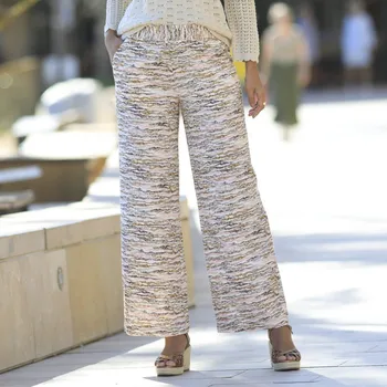 Široké kalhoty s pružným pasem a potiskem hnědošedá/broskvová 54