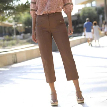 Dámská móda 7/8 rovné cargo kalhoty hnědošedá 48