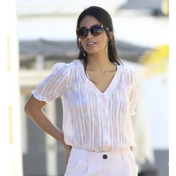 Dámská halenka Voálová halenka na knoflíčky s potiskem růžová pudrová/režná 40