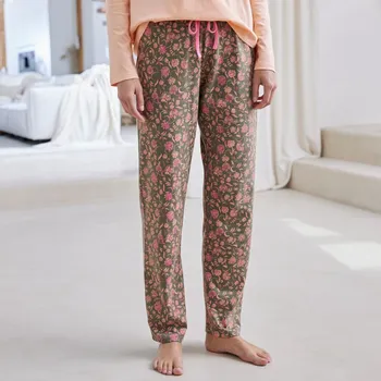 Dámské pyžamo Pyžamové dlouhé kalhoty s potiskem květin Bohème khaki/růžová 38/40