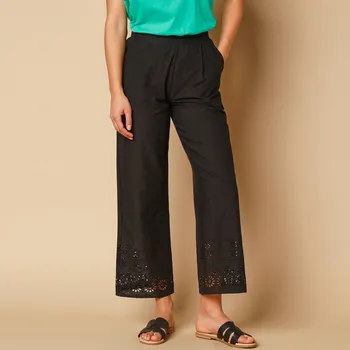 7/8 široké kalhoty, madeirová výšivka černá 50