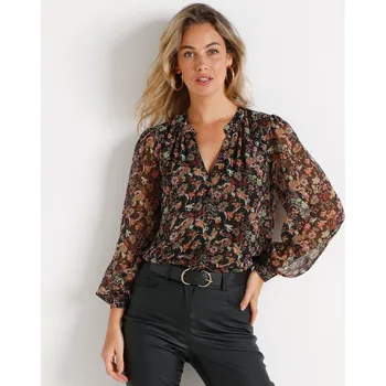 Dámská halenka Voálová halenka se stojáčkem a potiskem černá/korálová 36