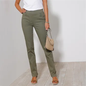 Dámské kalhoty Pohodlné dlouhé kalhoty s pružným pasem khaki 48