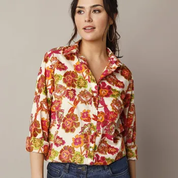 Dámská halenka Košilová halenka s knoflíčky a potiskem XXL květin béžová 42