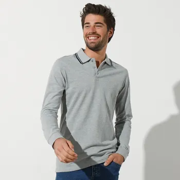 Pánská móda Polo tričko s pruhovaným límečkem a dlouhými rukávy šedý melír 117/126 (XXL)