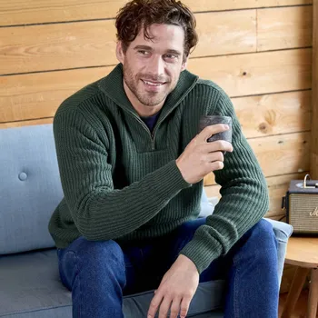 Pánský svetr Pulovr se stojáčkem na zip, hladký úplet s 30 % vlny jedlová 117/126 (XXL)