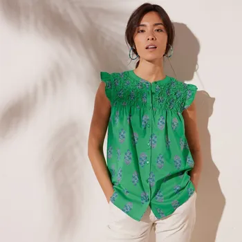 Dámská halenka Halenka s volánky a žabičkováním s potiskem zelená 50