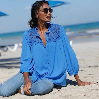 Dámská halenka Kreponová halenka s macramé a 7/8 rukávy modrá 44