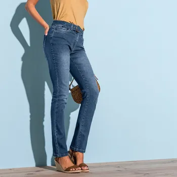 Dámské kalhoty Rovné kalhoty s páskem, pro menší postavu modrá 44