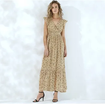 Dámské šaty Dlouhé voálové šaty se zavinovacím efektem a potiskem puntíků béžová/černá 52