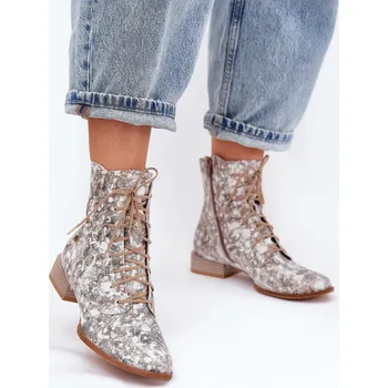 Dámské kozačky Kožené Vzorované Kotníkové Boty Na Ploché Podpatky Maciejka 06391-25 Barva: Béžová, Velikost: 37