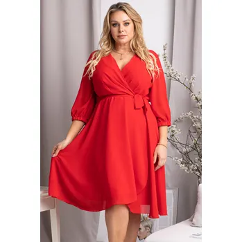 Dámské šaty Značkové šifonové šaty na večer midi s páskem NATALY - 3XL Barva: Červená, Velikost: 3XL