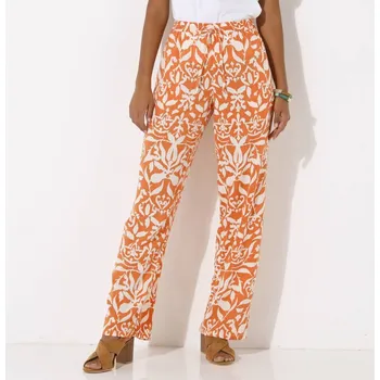 Dámské kalhoty Široké splývavé kalhoty s potiskem mandarinka/béžová 48