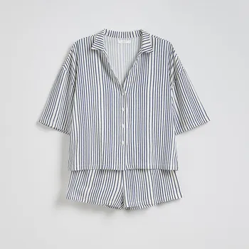 Dámské kalhoty Reserved - Dvoudílná pyžamová souprava ze směsi lnu - indigová - 157CS-57X - 157CS-57X-L