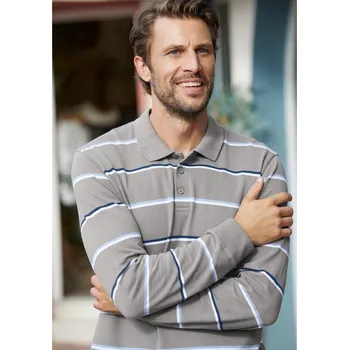 Dámská móda Pruhované polo tričko z piké úpletu, s dlouhými rukávy šedý melír 107/116