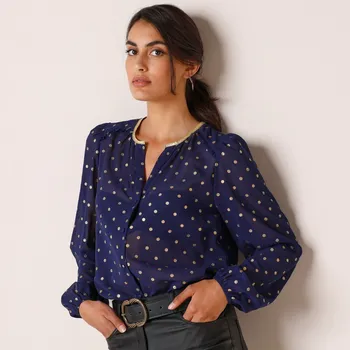 Dámská halenka Voálová halenka se zlatým potiskem puntíků temně modrá 46