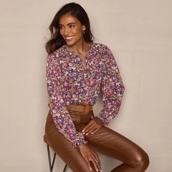 Dámská móda Voálová halenka s volánky a potiskem antracitová/růžová 50