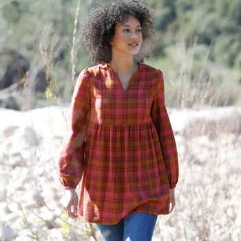 Dámská halenka Flanelová široká halenka s kostkovaným vzorem karamelová/tomatová 46