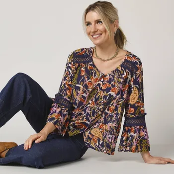 Dámská halenka Halenka s knoflíčky a potiskem listů fialová/karamelová 50