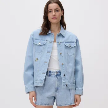 Dámský kabát Reserved - Džínová bunda s výšivkou na zádech - modrá - 9273H-50J - 9273H-50J-L