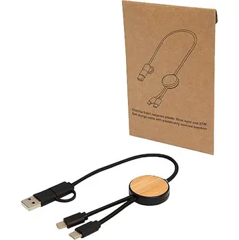 Datový kabel Datový synchronizační a rychlonabíjecí 27W kabel 5 v 1 z recyklovaného plastu o délce 30 cm s bambusovými detaily Chechia, černá