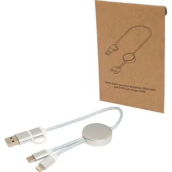 Datový kabel Datový synchronizační a rychlonabíjecí 27W kabel 5 v 1 z recyklovaného hliníku a plastu o délce 30 cm Alasia, stříbrná