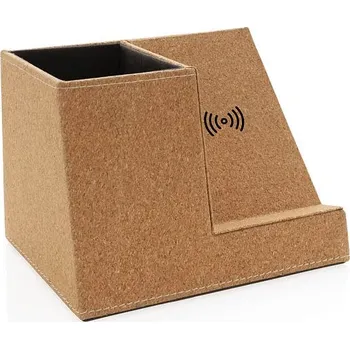 Korkový stojánek na pera s bezdrátovou nabíječkou 5W, hnědá, hnědá