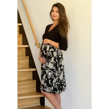 Těhotenské šaty Mama L'amour Těhotenské a kojící šaty s uvazováním 3v1 Fiori černo-béžové vzorované 3/4 rukáv Velikost: M