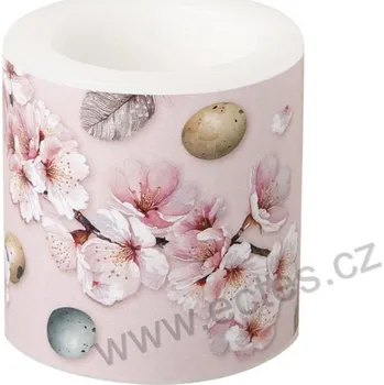 Svíčka IHR BEAUTIFUL SAKURA malá dekorativní svíčka rozkvetlé růžové květy sakury a ptačí pírka