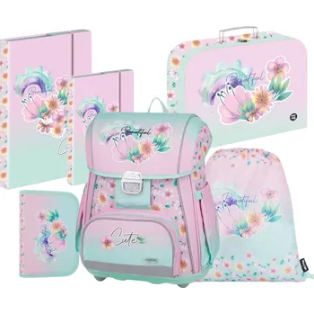 Set školních potřeb Školní set pro prvňáčky 6dílný – Oxybag PREMIUM Flowers 2025 s ergonomickou aktovkou a školními doplňky