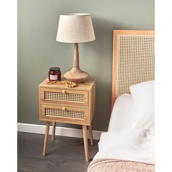 Noční stolek Noční stolek světle hnědá dýha MDF 2 zásuvky s ratanovým výpletem ložnice v rustikálním stylu boho Beliani