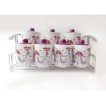 Dóza na potraviny PROHOME - Dóza sada 7ks + drátěná polička LEVANDULE