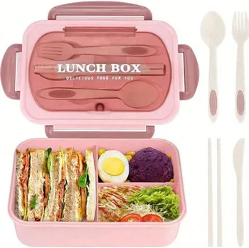 Svačinový box VERK Obědový box s příborem - Jídelní box na cesty, růžový