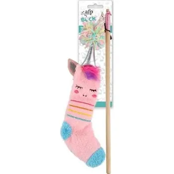 Hračka pro kočku Dřevěná vábnička AFP Sock Cuddler s ponožkou – jednorožec – se šantou