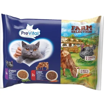 Krmivo pro kočku Prevital kočka Farm Selection hovězí a krůtí v omáčce se zeleninou, kapsa 85 g (4 pack)