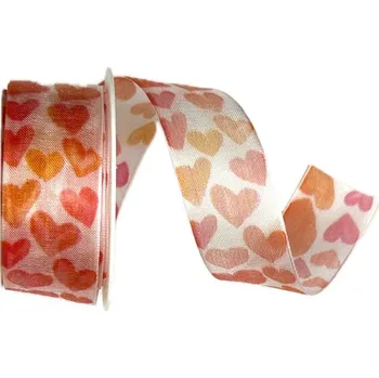 Stuha Stuha srdce & láska LOVE BLOOM RED svatební, zamilovaná, romantická, valentýnská 25mm x 2m (15,-Kč/m) (Stuha organzová, bílá s potiskem srdíček, jemný potisk srdce, s vetkaným vlascem)