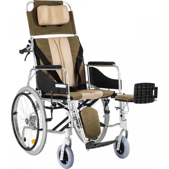 Invalidní vozík Polohovací invalidní vozík s nastavitelným opěradlem a opěrkou hlavy, béžovo-hnědý - šířka sedadla 43cm