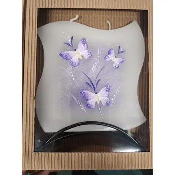 Svíčka Plochá svíčka s fialovými motýlky (Plochá svíčka ve stojánku )