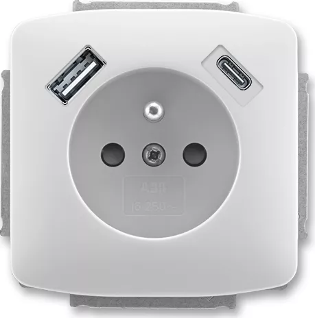 ABB 5569A-A32357 S Tango® Zásuvka jednonásobná s ochranným kolíkem, s clonkami, s USB napájením (USB-A,USB-C), Šedá