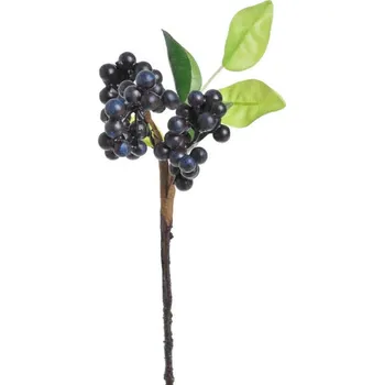 umělá květina Umělá větvička bobulky s lístky - černomodrá