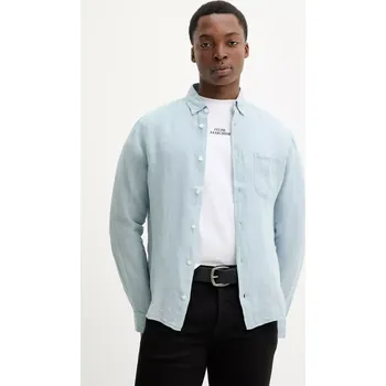 Pánská košile Lněná košile HUGO modrá barva, regular, s límečkem button-down, 50514162 50D, vel. XL