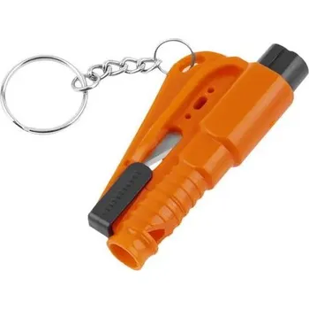 Kladivo na sklo s řezákem pásů a píšťalka jako přívěsek na klíče 3v1, Car Safety, oranžové