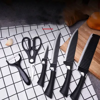 Sada kuchyňského náčiní Paradox Sada 6 kuchyňských nožů s nůžkami a škrabkou LEATHER / Černá