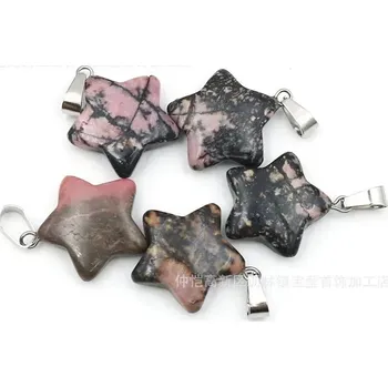 Přívěsek Pěticípá hvězda | dekorativní kámen, krystalový přívěsek 1 ks - Přírodní rodonit , 1ks 20x6mm