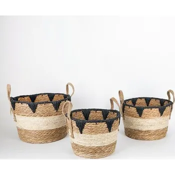 Úložný box SADA 3x Slaměný košík béžová/černá 27x20/30x22/36x28 cm