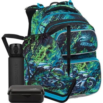 Školní batoh Školní batohový 5-dílný set Bagmaster DOPI 25 B MOTORKA (batoh,penál,sáček na cvičky,box na svačinu,láhev)