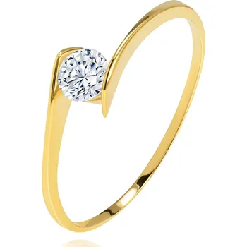 Prsten Prsten ze žlutého 14K zlata - kulatý čirý zirkon uchycený mezi konci ramen - Velikost: 49