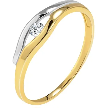 Prsten Briliantový prsten ve 14K zlatě - diamant v úzkém výřezu, dvoubarevné linie - Velikost: 52